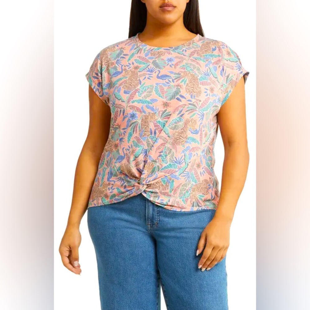 Democracy Faded Floral Twist Hem Top Short Sleeve Multicolor Size 1X